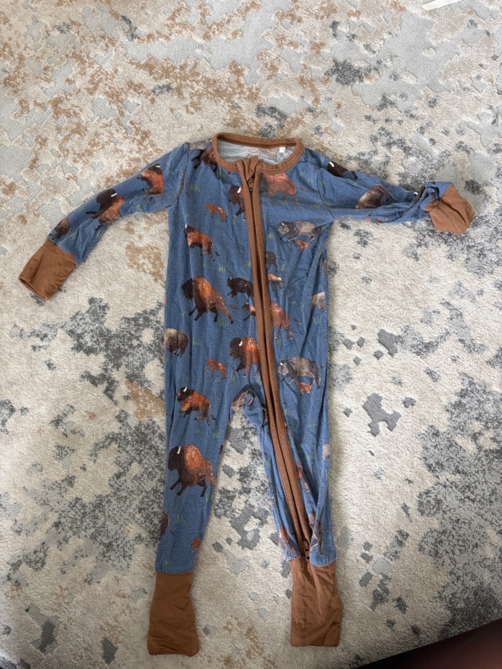Angel Dear Blue Buffalo Print Kids One-Piece Pajamas with foldable foot covers